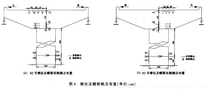 圖6 墩柱及帽梁測點(diǎn)布置(單位：cm)